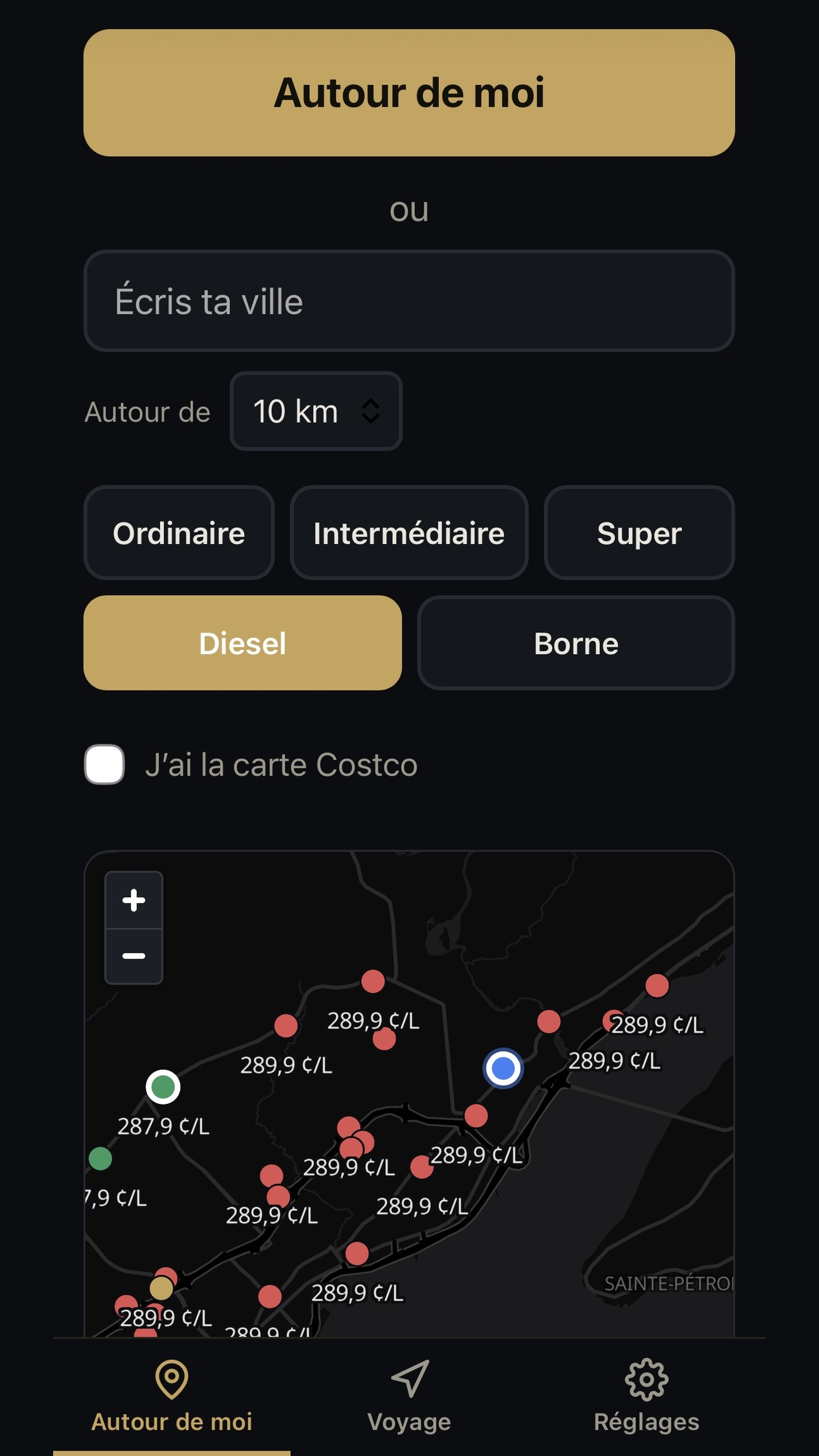 Carte Sentinelle Auto avec les stations proches et le choix du carburant