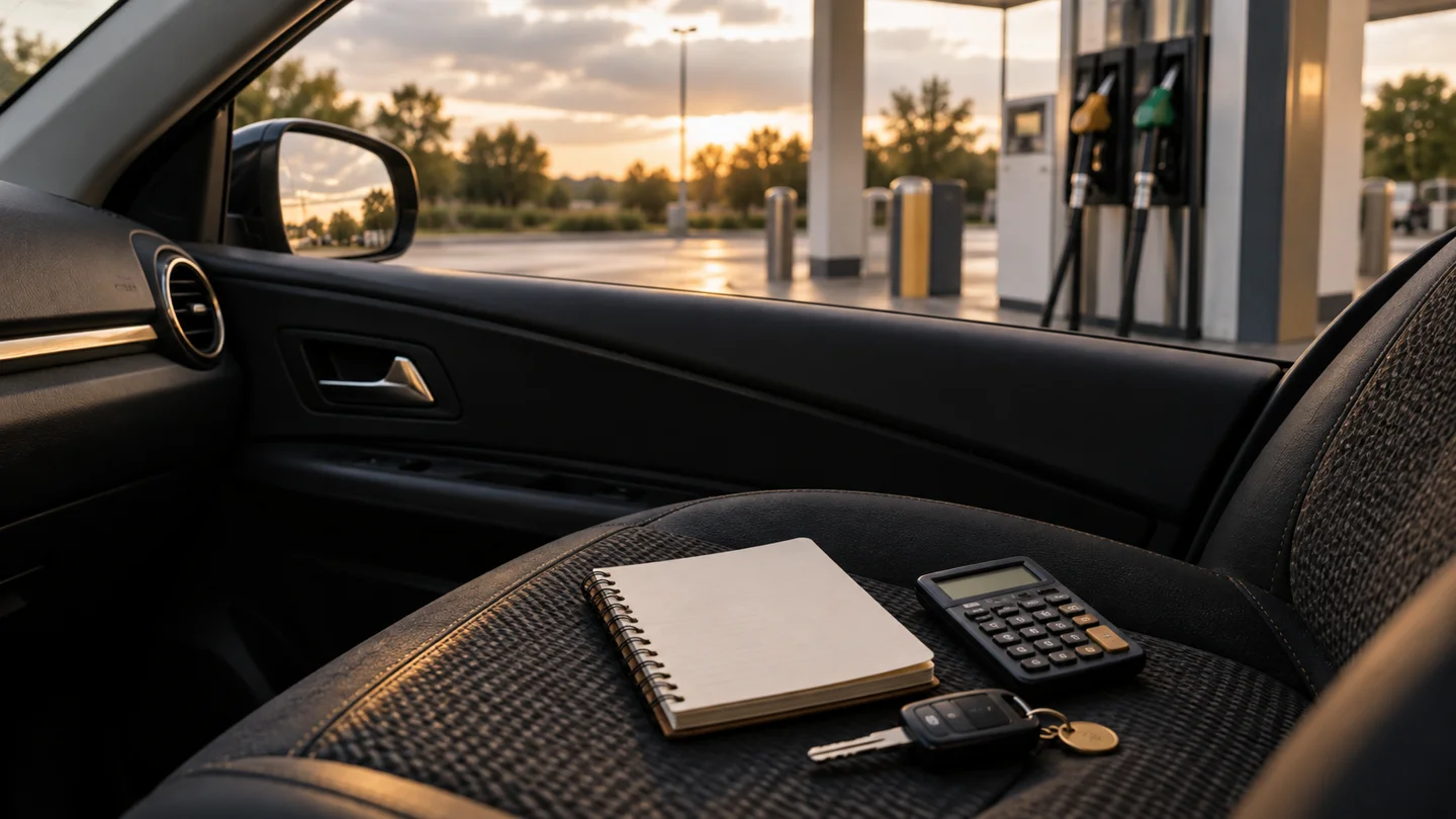 Cuaderno, calculadora y llaves dentro de un coche aparcado junto a una gasolinera
