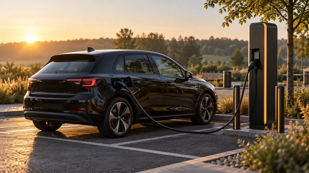 Ilustração de um automóvel elétrico ligado a um carregador num parque